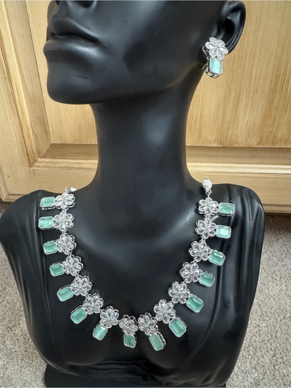 Elegant Mint Green Floral Statement Necklace and Earrings Set